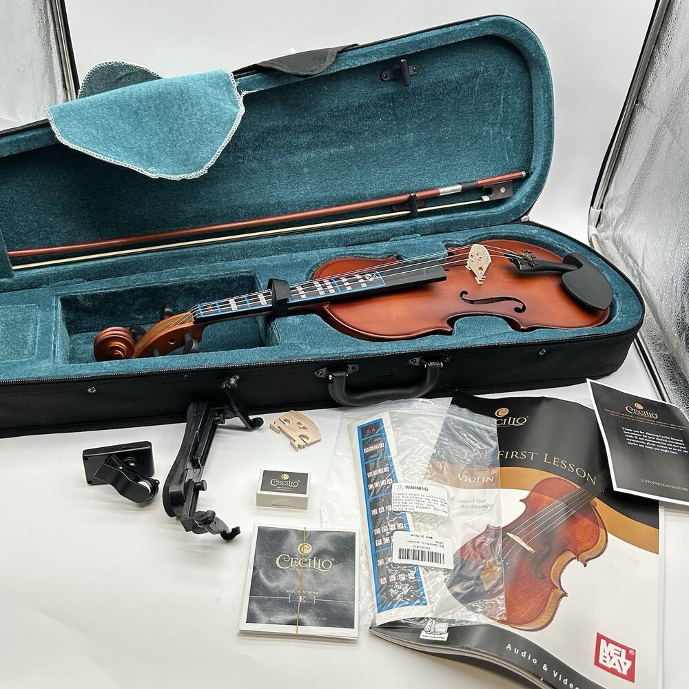 Mendini by Cecilio 4/4 Full Size Beginner Violin Kit Black Open Box